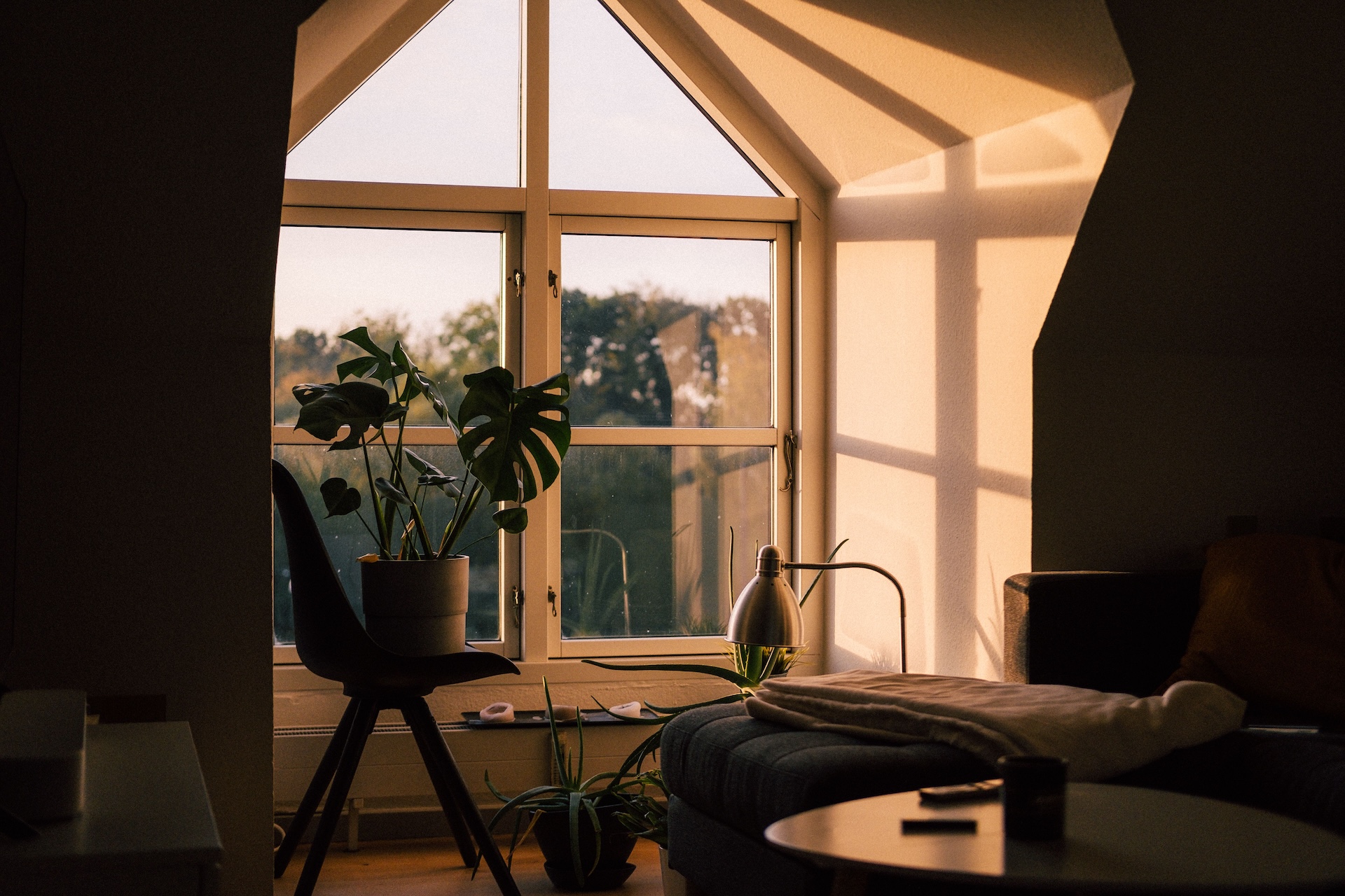A cozy living room of an apartment with natural flight flooding in